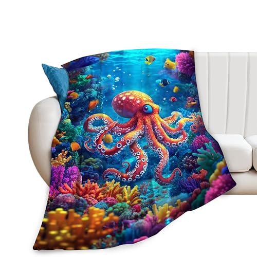 Funny Octopus Blanket Marine Life Throw Blankets for Girls Boys Super Soft Warm Fleece Ocean Flannel Throws Cozy Fuzzy Plush Stuffed Animal Bedding Sea Gifts for Men Women Bedroom Decor 50'x40'