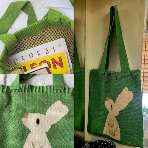 Bolso tote con conejito tejido verde para mujer miniatura 4