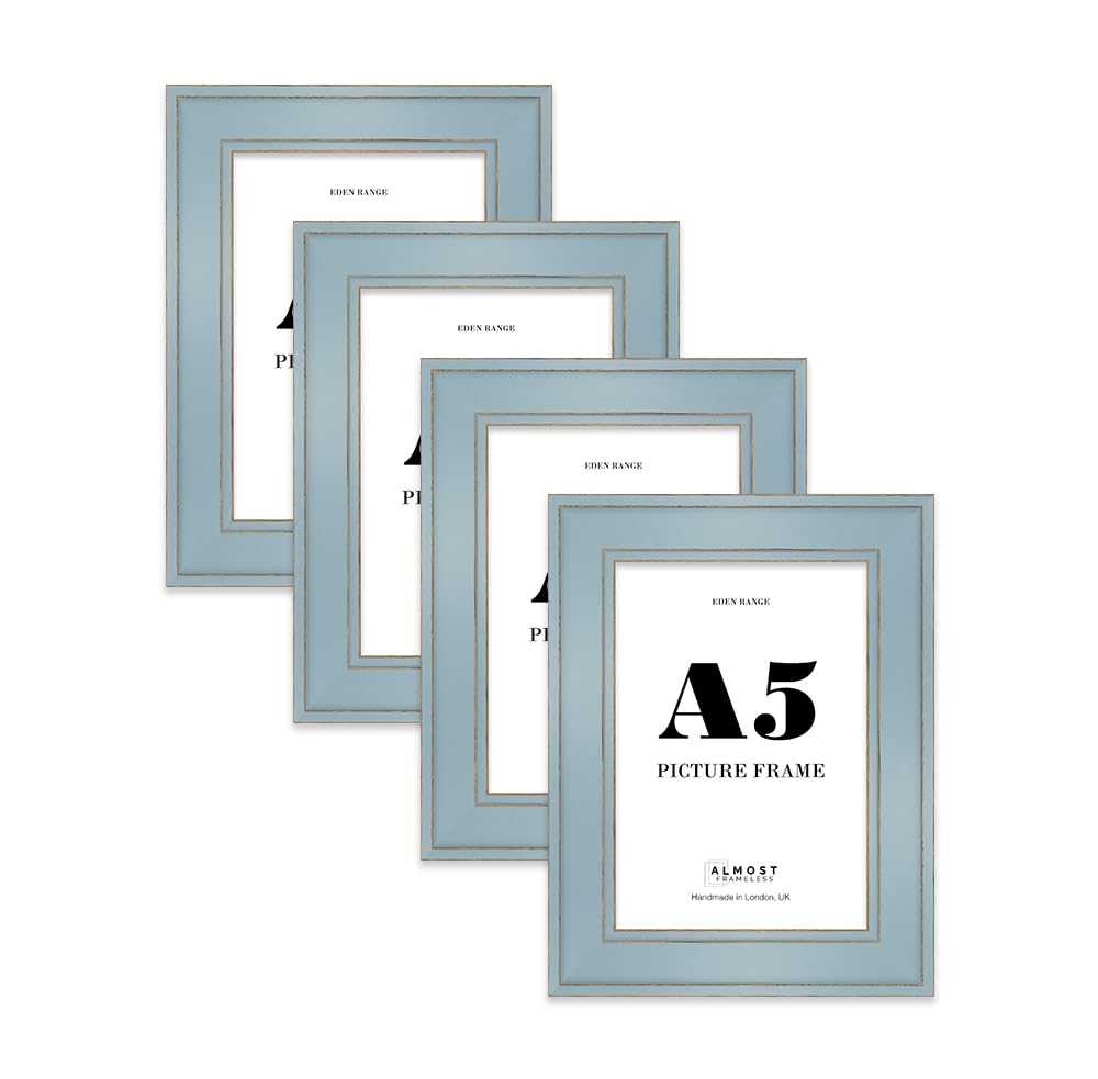 A5 Cornflower Blue Picture Frame - Shabby Chic Photo Frame with Distressed Finish, Gold Trim, Wall Hooks and Kickstand, 37mm Edge - 4 Pack