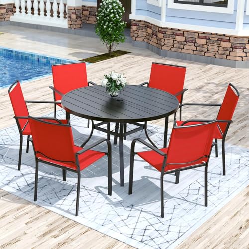 Image of Anmutig 7 Piece Patio Dining Set 48 Inch Round Table Stackable Chairs Red | Powder-Coated Steel Frame, Quick-Dry Textilene Mesh, Dual-Size Umbrella Hole, Weather Resistant, Patio, Garden, Backyard