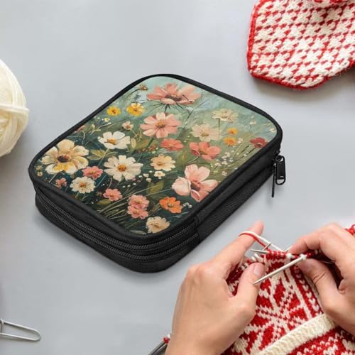 Image of Crochet Hook Case Fancy Floral Crochet Hook Holder Portable Crochet Hook Storage Bag with Web Pockets Suitable for Crochet Needles /Knitting Accessories