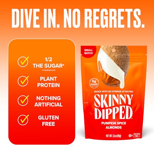 Image of SkinnyDipped Pumpkin Spice Almonds, Healthy Snack, Plant Protein, Gluten Free, 3.5 oz Resealable Bags, Pack of 5