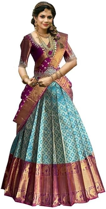 ZITON women's indian traditional unstitched kanjivaram silk lehenga choli along with dupatta attach with unstitch blouse piece, half saree