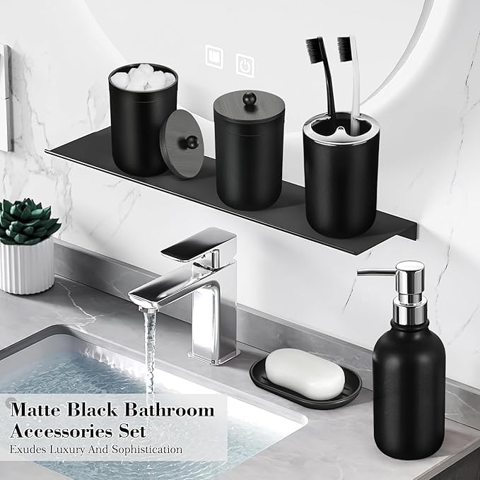 Juego de accesorios de baño negro, 23 piezas de accesorios de baño completo con alfombrilla de bañera, juego de cortina de ducha con ganchos, dispensador de jabón, soporte para cepillos de 8