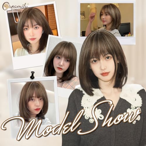 Image of Creamily Wig for Women Full Head, Short Hair Wig Brown Mix Blonde,Straight Girls Hair Wig Full Head Highlights,Natural Wigs with Bangs for Cosplay Daily Use