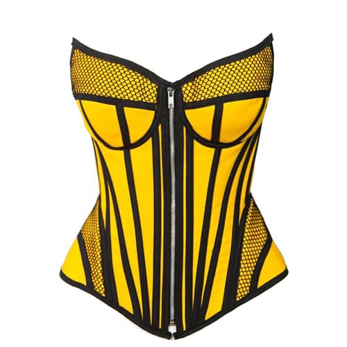 Women’s Yellow Satin black mesh Zipper Steampunk Overbust Bustier Corset