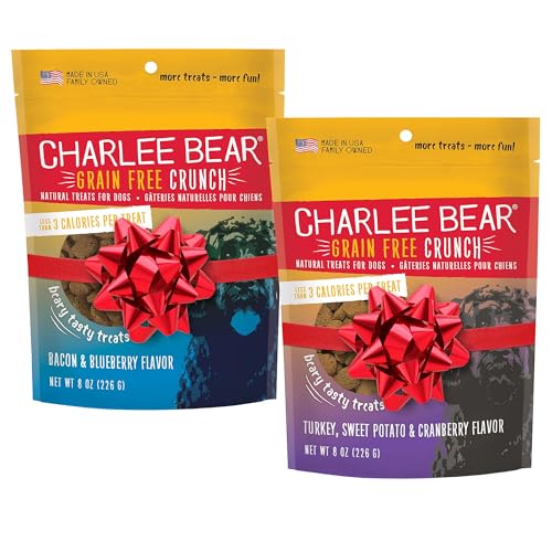 Charlee Bear Dogs Training Treat, Crunchy, Low Calorie, Grain Free Dog Treats, Made in USA, Best for Small and Medium Breeds, Bacon Blueberry & Turkey Sweet Potato Cranberry 2 Pack 8oz Each
