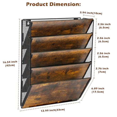TQVAI 5 Compartimentos Metálica Madera Revistero Pared Documentos Organizador Papeles A4 Colgante Oficina Archivador de Organizador Herramientas Pared, Negro/Antiguo - imagen 3