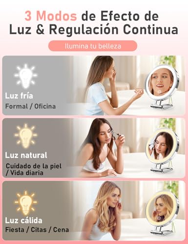Miniatura 3 de Robofun Espejo De Maquillaje Con Iluminación, Espejo De Aumento 1x 10x Con Luz, 3 Luces De Color, 20 -100 Brillo, Espejo Cosmético Iluminado Con Iluminación, Espejo De Viaje De 3000 Mah, Carcasa