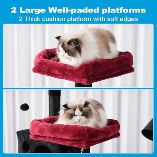 Image of Hey-brother Gothic Large Multi-Level Cat Tree Condo Furniture with Sisal-Covered Scratching Posts, 2 Bigger Plush Condos, Perch Hammock for Kittens, Cats and Pets, Black and Red MPJ020BR