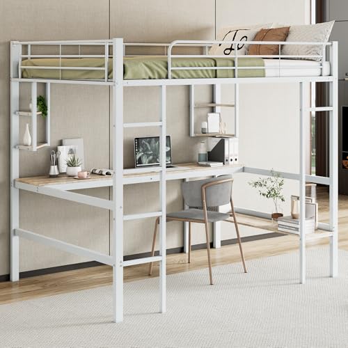LZPUOUI Litera Cama Alta 140x200 Blanco Dormitorio Juvenil mit Escritorio y Librería Grande Ahorro de Espacio in Hierro Metal con Estanterías Mueble de Dormitorio für Adolescentes y Jóvenes Adultos
