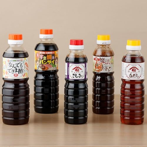 宮崎県産のこだわりの大豆使用!調味料セット(亀)計5本(なんでもできま酢500ml・すき焼きバンザイ500ml・魔法の玉ねぎドレッシング400g・さしみしょうゆ360ml・白だししょうゆ360ml 各1本) [宮崎県串間市]