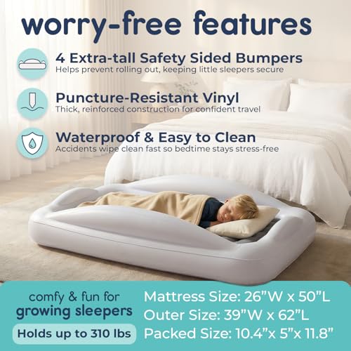 Image of Hiccapop Inflatable Toddler Travel Bed with Safety Bumpers [4-Sided], Portable Toddler Bed for Kids, Toddler Air Mattress, Kids Air Mattress - Grey