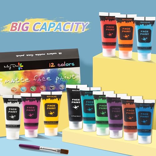 Maydear 12 Colors Face Body Paint Set, Safe Non-Toxic Liquid Paint for Adults and Children, Halloween, Cosplay - Matte 0.7 FL OZ Each