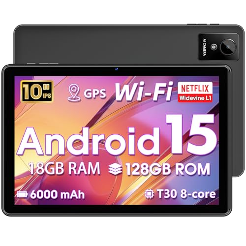 Android 15 Tablet 10 inch, Octa-Core T30, 18GB RAM, 128GB opslag, 1TB microSD, 6000mAh batterij, GPS, WiFi 5, Dubbele camera