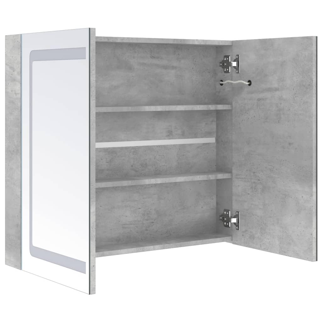 Armoire Miroir LED pour salle de bain, gris béton 80 x 12 x 68 cm, montage mural avec 2 portes, 3 étagères Port USB pour Maquillage et rasage en mélamine Profondeur env. 45 cm