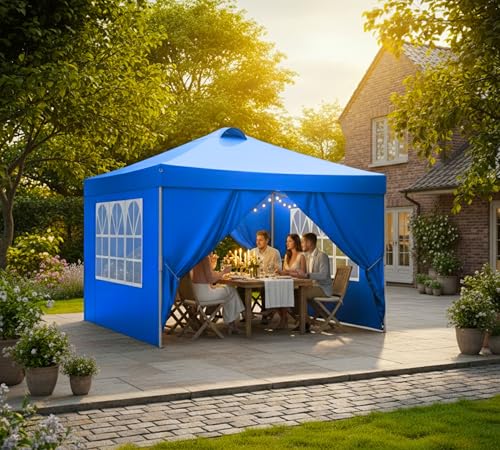 Image of PERGOLA Design 10x10 Heavy Duty 30KG Canopy Tent with Window Side Walls & Curtains | Premium Waterproof Pop Up Gazebo Outdoor Portable Event Shelter for Garden, Terrace & Parties (Blue)