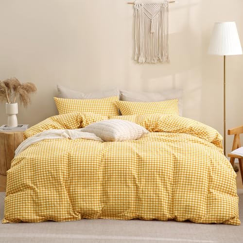 Image of TOCOMOA Yellow Gingham Duvet Cover Bedding Set 100% Washed Cotton Like Linen Feel Super Soft Comfortable 3 Piece Vintage Plaid Checkered Comforter Cover Set (Queen 90 inchx90 inch, Comforter Not Included)
