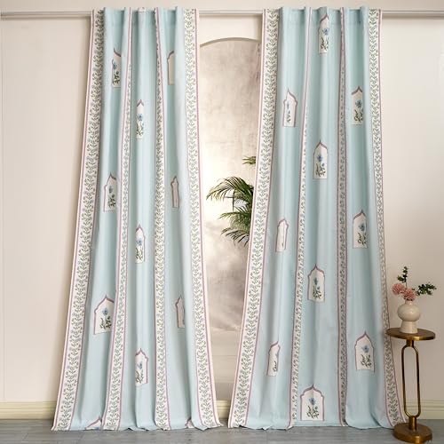 Image of Tranquebar Curtain Co. Window Curtains 5 Feet, 60-65% Room Darkening,Multi Blue Mughal Print, Cotton Curtains for Window, Cotton Curtains 5 Feet Long Set of 2, BackTab Loops,Noor (152 cm) - Set of 2