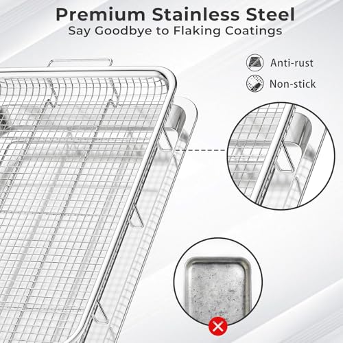 Image of Air Fryer Basket for Oven,THORSES Oven Air Fryer Basket and Tray Set | |with 30 Pcs Parchment Papers| 0.6mm Thicken Stainless Steel |XL Size Air Fryer Pan and Tray for Frying Baking|18.8 inch x 12.8 inch