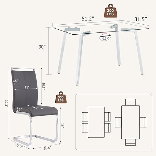 Miniatura 3 de Juego de mesa de comedor de cristal para 4, mesa rectangular con 4 sillas de cocina de cuero gris, juego de comedor de cocina de 51 pulgadas, mesa