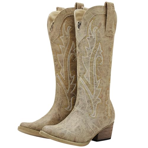 YOLIS Botas Cowboy de Mujer, Botas Vaqueras de Western Puntiagudo Bordado Atuendos para conciertos country baile bodas viajes y uso diario