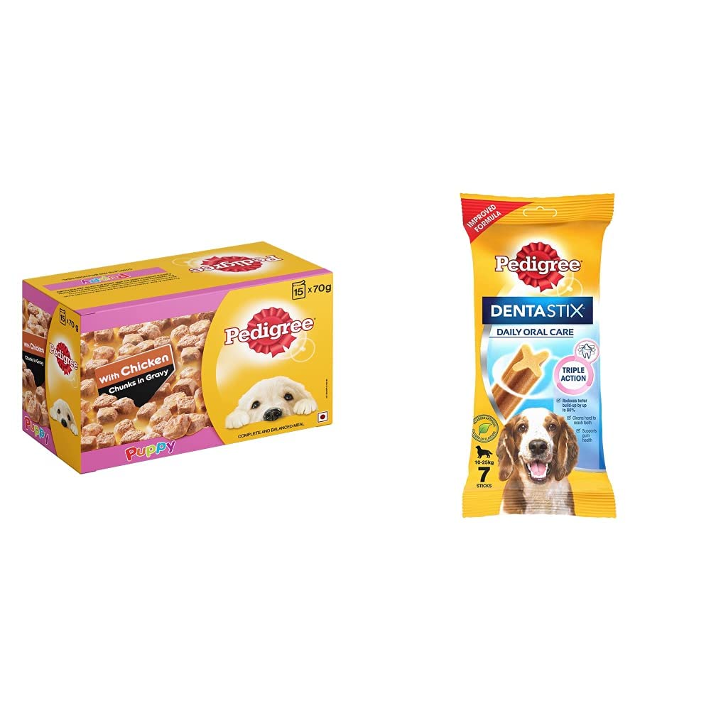 Pedigree Puppy Wet Dog Food, Chicken Chunks in Gravy, 70 g (Pack of 15) & Pedigree Dentastix Medium Breed (10-25 kg) Oral Care Dog Treat (Chew Sticks) (7 Sticks) 180g Weekly Pack (B087DHP6JF) Amazon Price History, Amazon Price Tracker