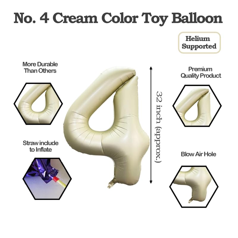 Image of Cream Color 32 Inch Number Helium Foil Balloon For Birthday Decoration Items | Number foil Balloon 4 | Anniversary Decoration Items | Pack of 14