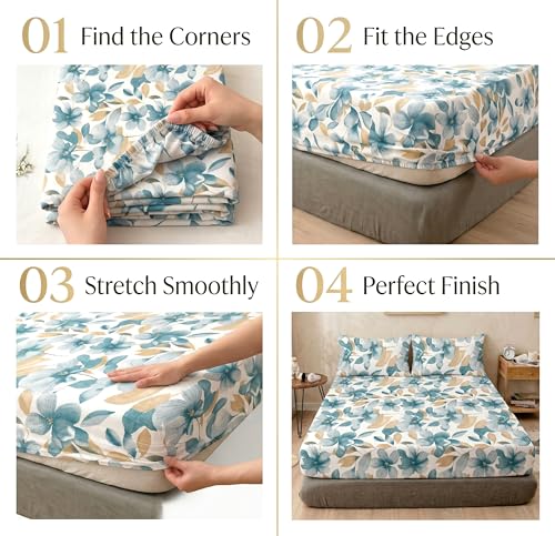 Image of VAS COLLECTIONS Cloud Cotton Corner Elastic Fitted Double Bedsheet Set (78 x 72 + 8 Inches) with 2 Pillow Covers | 160-180 TC Soft Breathable Cotton Fitted Sheet | Bed Sheet (Blue Petal Garden)