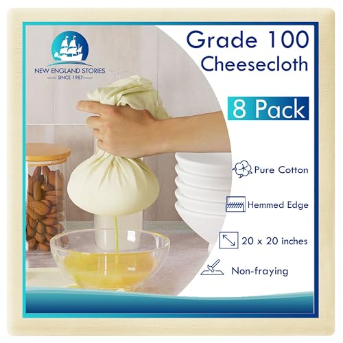 8 PCS Reusable Cheesecloth, Grade 100, 20x20 Inch Hemmed Cheese Cloth for Straining Craft, 100% Cotton Unbleached Cloth Strainer for Cooking, Baking, Juicing, Cheese Making