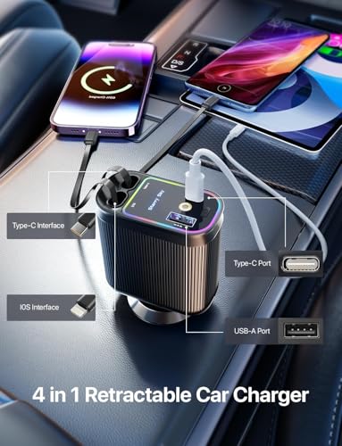 Image of JOYMASS 100 W Ultra Fast Charging Car Charger | 4-in-1 Retractable Car Charger with Built-in Type-C Cable & Dual USB Ports | 180 Adjustable Car Adapter | Compatible with iOS & Type-C Devices (Black)