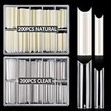 400PCS Extra Long C Curve Nail Tips, 2 Pack Natural and Clear Artificial Acrylic Nail Tips Manicure, 10 Sizes XXL Long Straight Square Shape French Press on False Nail Tips for Nail Art Salon Home DIY