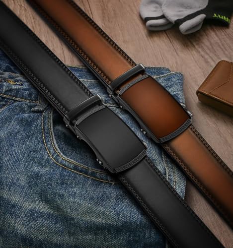 Image of BULLIANT Men's 2-Pack Ratchet Leather Belt Trimmable 1 3 /8 inch-Gift Boxed