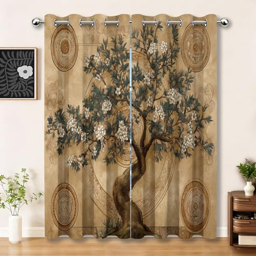 Cortinas Salon 140An x 245Al cm (2 Paneles) con Ojales Termicas Aislantes Frio Y Calor, Modernas Suave Árbol bonsái de Estilo Chino Tradicional Cortina Habitacion Elegante Decoracion Beige