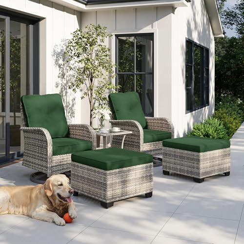 Image of 5-Piece Small Patio Furniture Set, Outdoor Swivel Rocking Chairs Set with Ottomans, Patio Bistro Set for Balcony, Deck, Porch, Dark Green