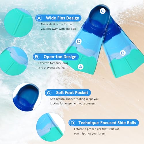 Aletas de natación para niños, 100% silicona, aletas cortas de silicona, aletas de entrenamiento, aletas de entrenamiento ligeras y cortas, aletas de entrenamiento para niños y niñas, talla XS, azul - imagen 5