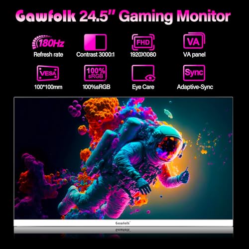 Image of Gawfolk 24.5 Inch Gaming Monitor, 144hz /180hz PC Monitor FHD 1080P Frameless Computer Monitors, VA, sRGB 100%, DisplayPort, HDMI, Eye Care, Wall Mount Compatible (White)