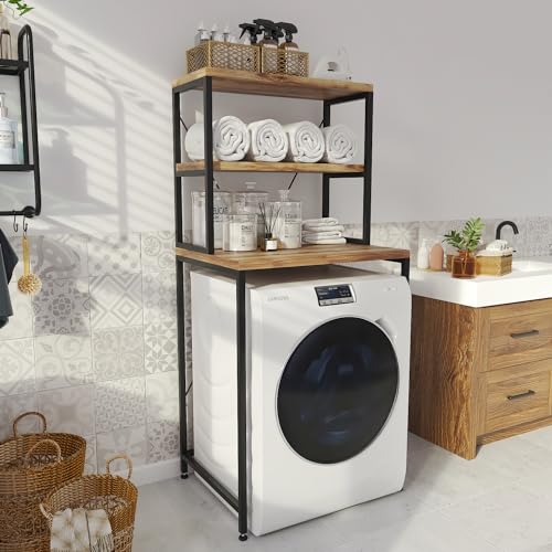 AVENSIS Washelf Drum Washing Machine Storage Rack for Multipurpose Usage Waterproof Over Washer Shelving with Sturdy Metal Frame and Adjustable Leg Pads for Laundry & Bathroom (Black + Walnut)
