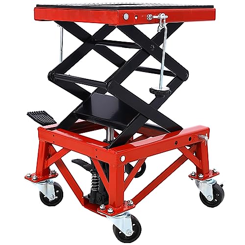 Image of PULLAFUN 300 lbs Hydraulic Motorcycle Scissor Jack Lift, Small Dirt Bikes ATV Lift Hoist Hydraulic Foot-Operated Stand Lift, 4 Wheels, Red
