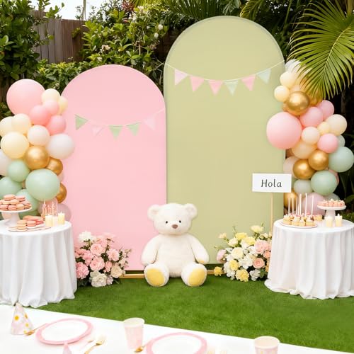 Image of Arch Backdrop Cover Set of 2(6ft /7.2ft) Double Color Wedding Arch Cover Spandex Fitted Arch Covers,Round Top Arch Backdrop Cover for Baby Shower Gender Reveal Boy or Girl Decoration(Pink&Green)