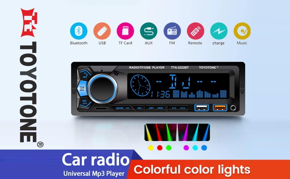 Image of TOYOTONE Universal Fit Single Din Car Stereo MP3 Music System with Remote, Bluetooth, One Touch to Receive Call (FM /AUX /USB /TF), Dual USB Ports (Music & Charging) SD Card Slot (TTA-2222BT)