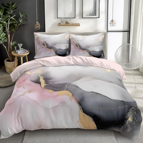 Generisch Bettwäsche 200 x 200 cm 3-Teilig Bettbezug Grau rosa Bettwäsche-Sets 2 Kissenbezüge 80x80cm Doppelseitiger Bettbezug Reißverschluss Kinderzimmer Abstrakter marmor
