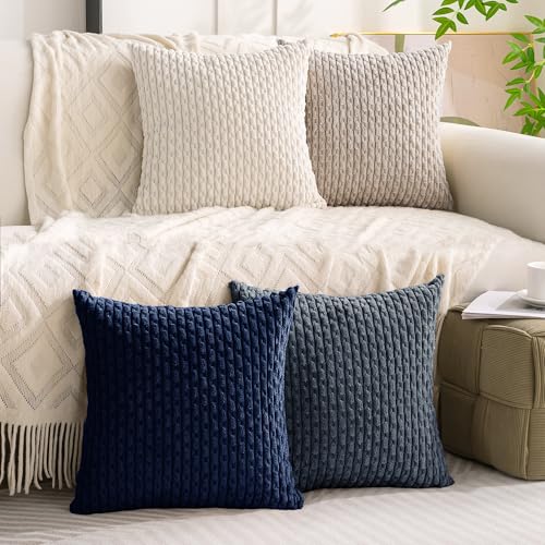 Set of 4 Navy White Taupe Decorative Throw Pillow Covers 16x16 Inch Corduroy Pillow Covers for Bed Couch Sofa Living Room Soft Square Cushion Cases