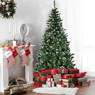 CASART 5FT/6FT/7FT Artificial Christmas Tree, Premium Hinged Fir Snow Flocked Xmas Trees with Pine Cones, Tips and Metal Stand, Green PVC Holiday Decoration Gift for Indoor Outdoor (7FT)