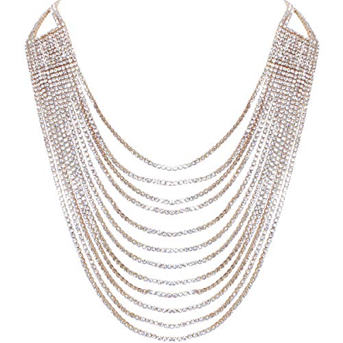 Humble Chic Layered Statement Necklace - Darling Waterfall Simulated Diamond CZ Crystal Multi-Chain Bib, Gold Tone