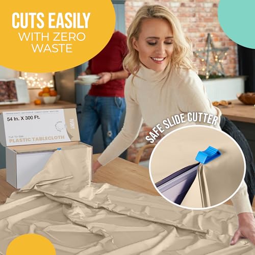 Image of Exquisite Party Solids 54 Inch X 300 Feet Ivory Plastic Table Cover Roll in A Cut - to - Size Box with Convenient Slide Cutter. Cuts Up to 36 Rectangle 8 Feet Plastic Disposable Tablecloths