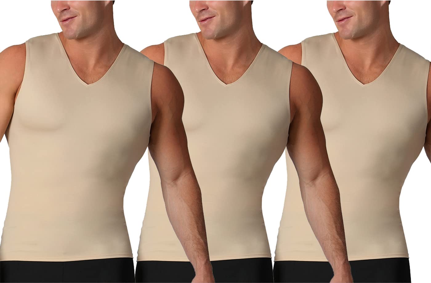 Insta Slim - Made in USA - 3 Pack - Mens Compression Body Shaper Sleeveless V-Neck for Back Support, Gynecomastia & Hernias