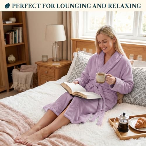 Image of PAVILIA Women's Plush Fleece Robe, Soft Cozy Long Bathrobe with Satin Waffle Trim, Warm Lightweight, Pockets & Tie Belt
