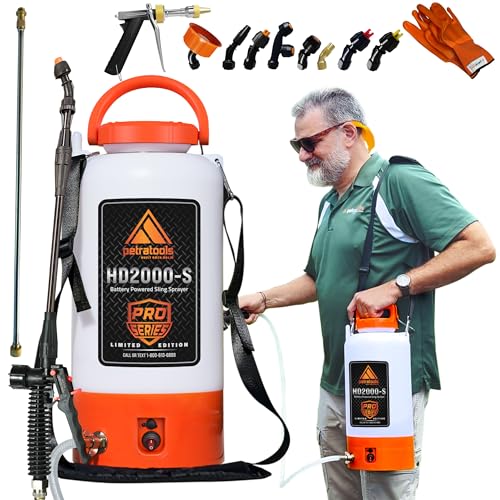 PetraTools Battery Powered Sprayer 2 Gallon Battery Operated Sprayer for Lawn and Garden 2 Gallon Sprayer for Weed control Pest Control Watering with 9 Spray Nozzles & Gloves (2Gallon Pro Series)