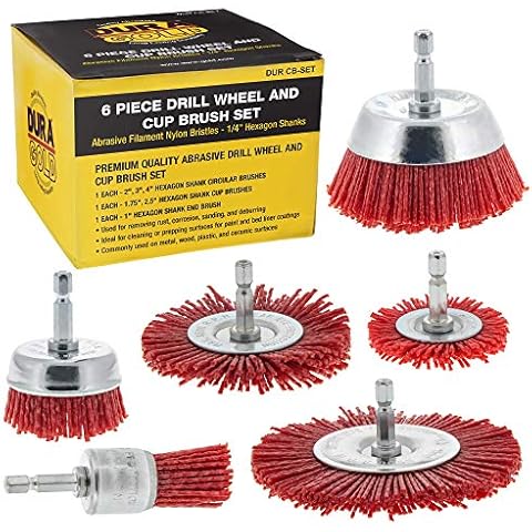 Dura-Gold 6 Piece Abrasive Filament Nylon Wire Bristle Drill Wheel and Cup Brush Set - Coarse Sanding Scuffing, 1/4" Drill Shank - Remove Rust, Corrosion, Paint - Surface Prep Truck Bed Liner Coating Cover